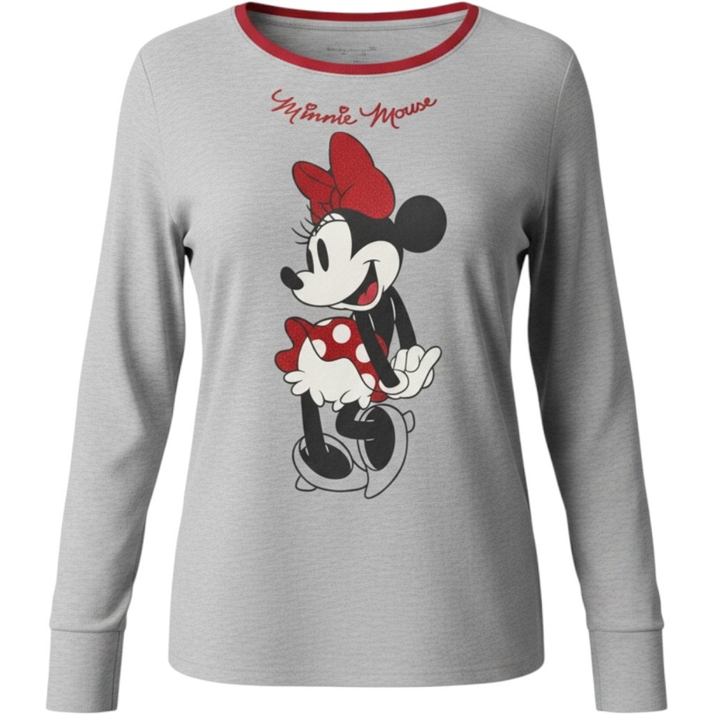 Disney Minnie Mouse Long Sleeve Shirt Womens 2XL Grey Red Glitter Graphic Tee